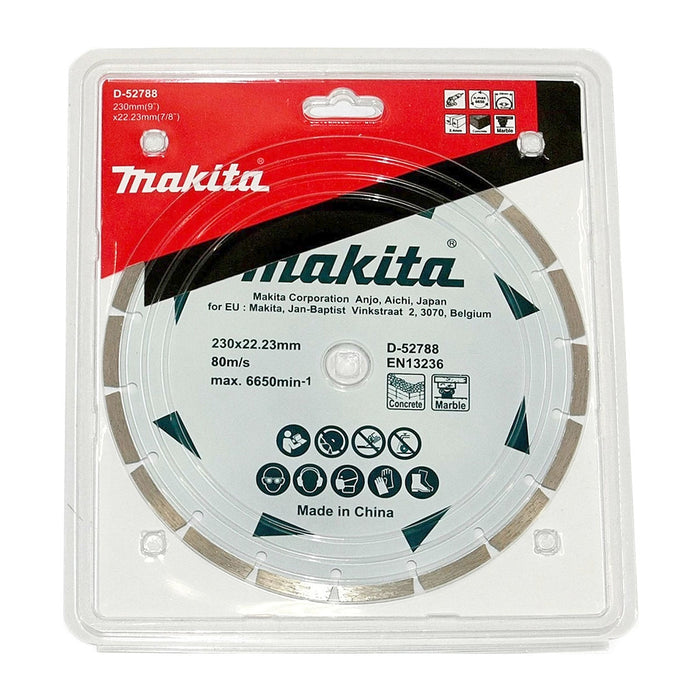 Lưỡi cưa kim cương 230mm kiểu răng phân đoạn Makita D-52788 dùng cho bê tông, đá cẩm thạch, lỗ cốt 22.23mm, cắt khô,  đạt tiêu chuẩn EN13236 ( Cấp 1 sao )