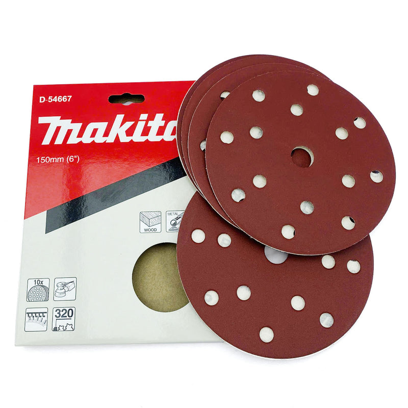 Hộp 10 giấy nhám tròn đục lỗ 150mm ( 6 inch ) Makita cho gỗ, sơn, kim loại dùng với đế gai ( Cấp 2 sao )