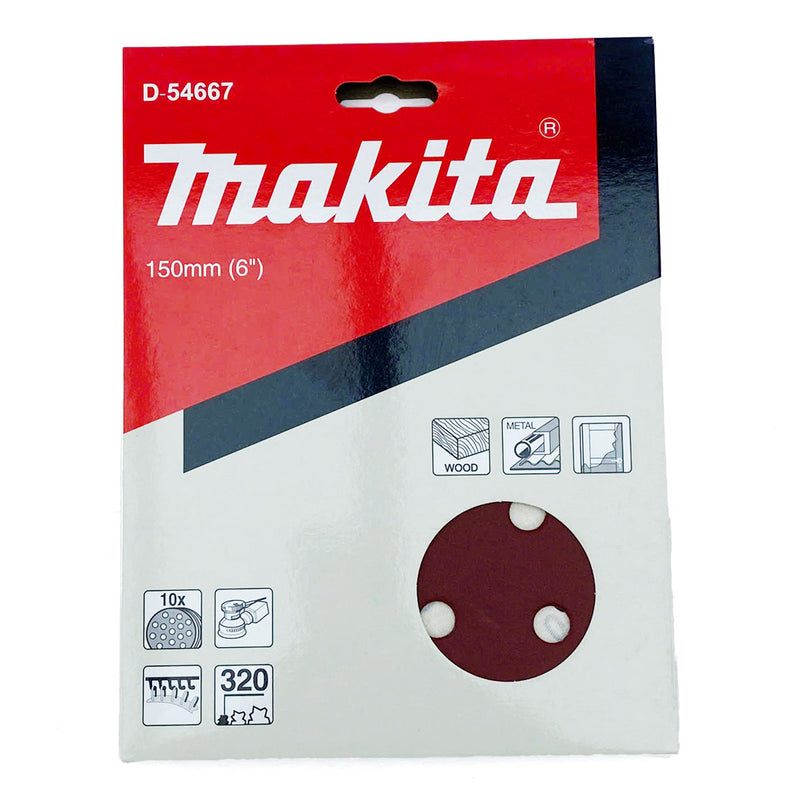 Hộp 10 giấy nhám tròn đục lỗ 150mm ( 6 inch ) Makita cho gỗ, sơn, kim loại dùng với đế gai ( Cấp 2 sao )