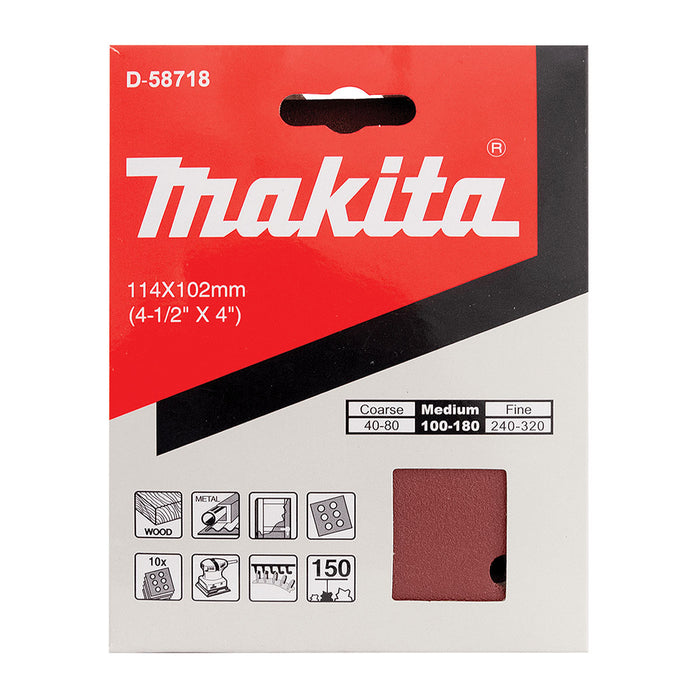 Hộp 10 giấy nhám vuông đục lỗ 114x102mm Makita cho gỗ, sơn, kim loại dùng với đế gai tương thích với các máy BO4510H, BO4565, DBO480, DBO481 ( Cấp 2 sao )