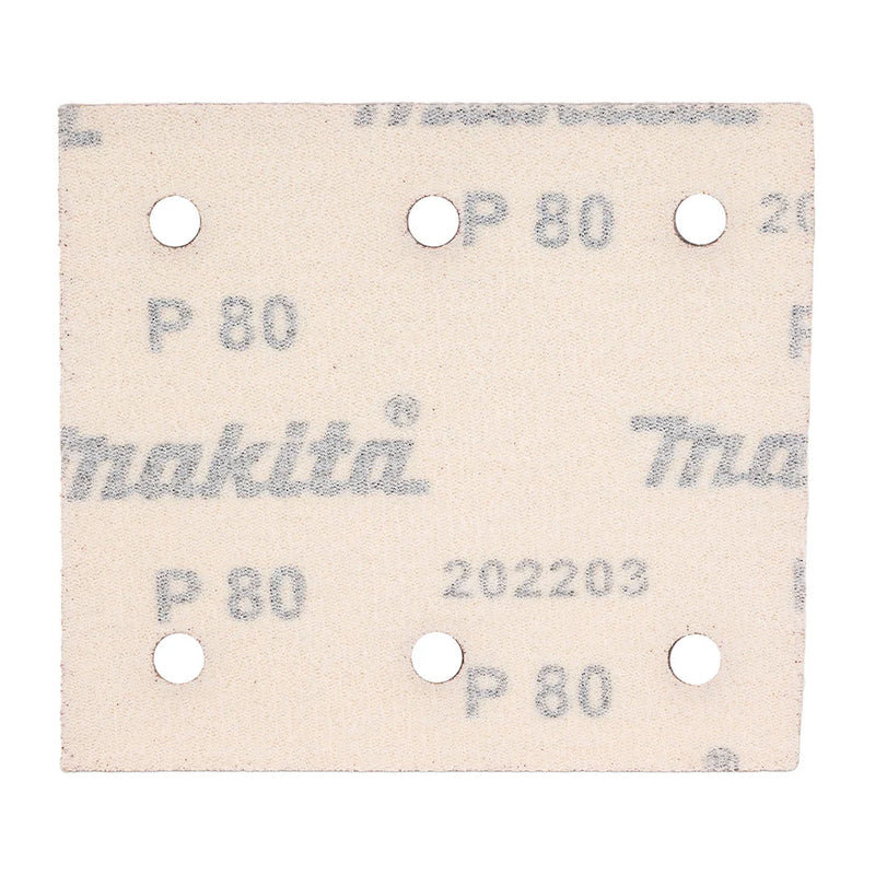 Hộp 10 giấy nhám vuông đục lỗ 114x102mm Makita cho gỗ, sơn, kim loại dùng với đế gai tương thích với các máy BO4510H, BO4565, DBO480, DBO481 ( Cấp 2 sao )