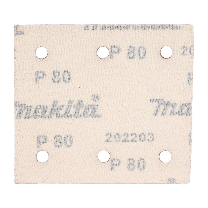 Hộp 10 giấy nhám vuông đục lỗ 114x102mm Makita cho gỗ, sơn, kim loại dùng với đế gai tương thích với các máy BO4510H, BO4565, DBO480, DBO481 ( Cấp 2 sao )