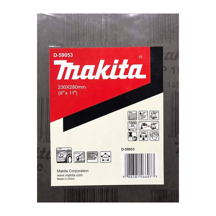 Hộp 50 giấy nhám ướt khổ lớn 230x280mm hạt Carbody Makita cho Inox, kim loại, nhựa PVC và tẩy sơn bề mặt dùng với đế kẹp ( Cấp 1 sao )