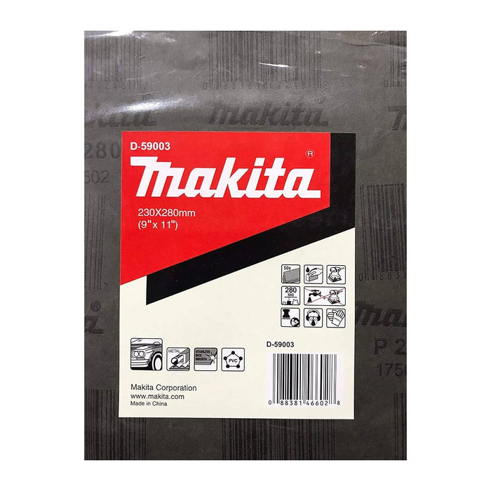 Hộp 50 giấy nhám ướt khổ lớn 230x280mm hạt Carbody Makita cho Inox, kim loại, nhựa PVC và tẩy sơn bề mặt dùng với đế kẹp ( Cấp 1 sao )