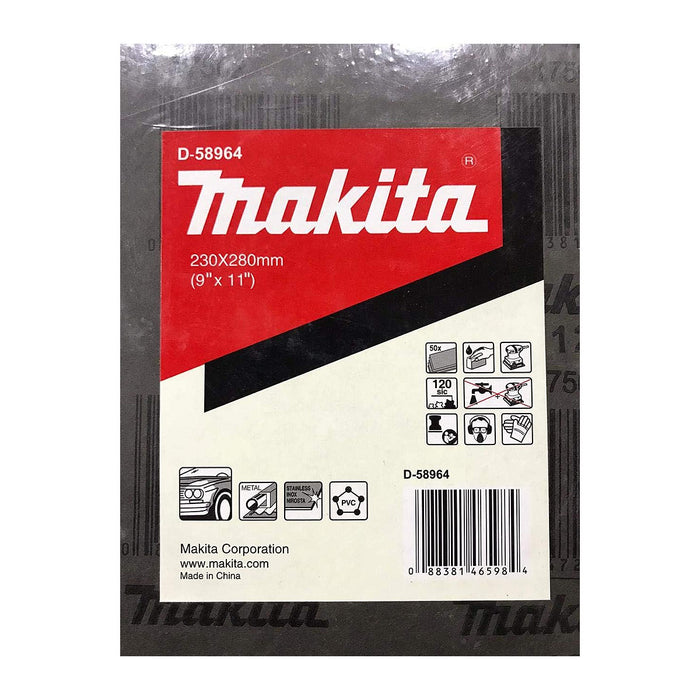 Hộp 50 giấy nhám ướt khổ lớn 230x280mm hạt Carbody Makita cho Inox, kim loại, nhựa PVC và tẩy sơn bề mặt dùng với đế kẹp ( Cấp 1 sao )
