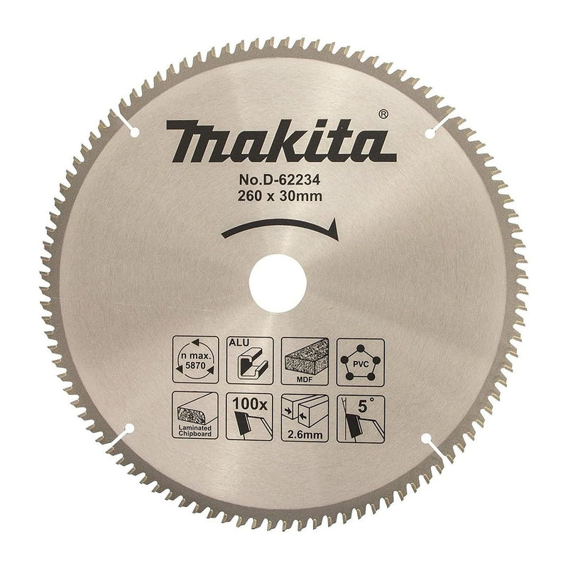 Lưỡi cưa đa vật liệu TCT Makita đường kính 260mm, số răng từ 80-120 kiểu TCG, lỗ cốt 30mm dùng cho máy cưa đa góc ( Cấp 1 sao )