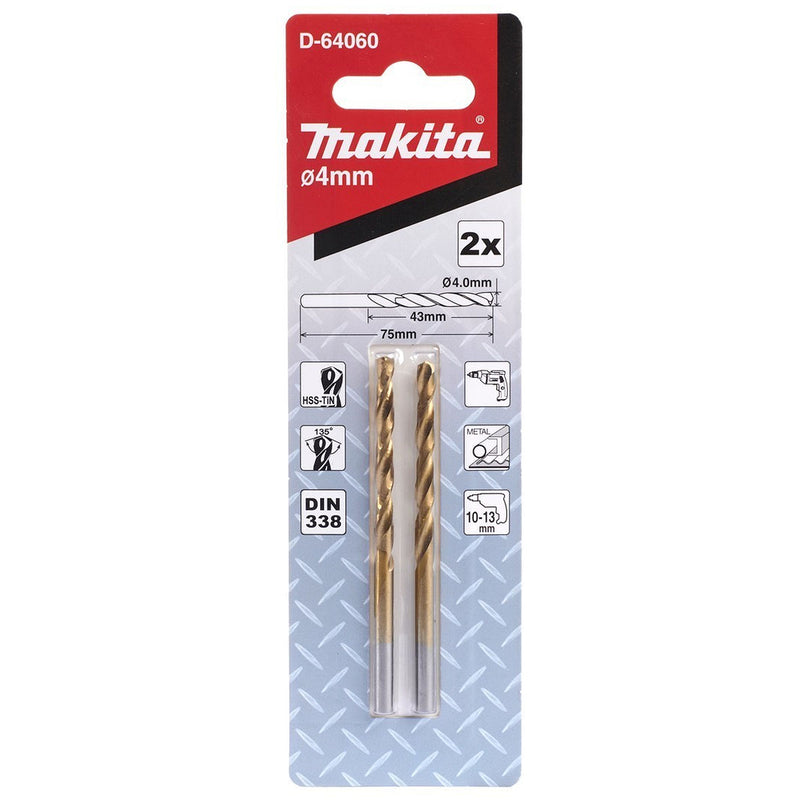 Vĩ 2 mũi khoan kim loại HSS-Tin Makita loại kinh tế, kích thước từ 1mm - 4mm, đuôi trơn ( Cấp 2 sao )