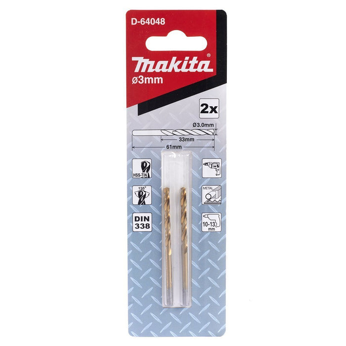 Vĩ 2 mũi khoan kim loại HSS-Tin Makita loại kinh tế, kích thước từ 1mm - 4mm, đuôi trơn ( Cấp 2 sao )