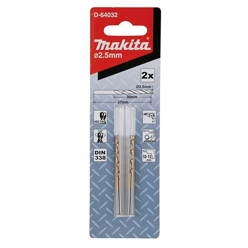 Vĩ 2 mũi khoan kim loại HSS-Tin Makita loại kinh tế, kích thước từ 1mm - 4mm, đuôi trơn ( Cấp 2 sao )