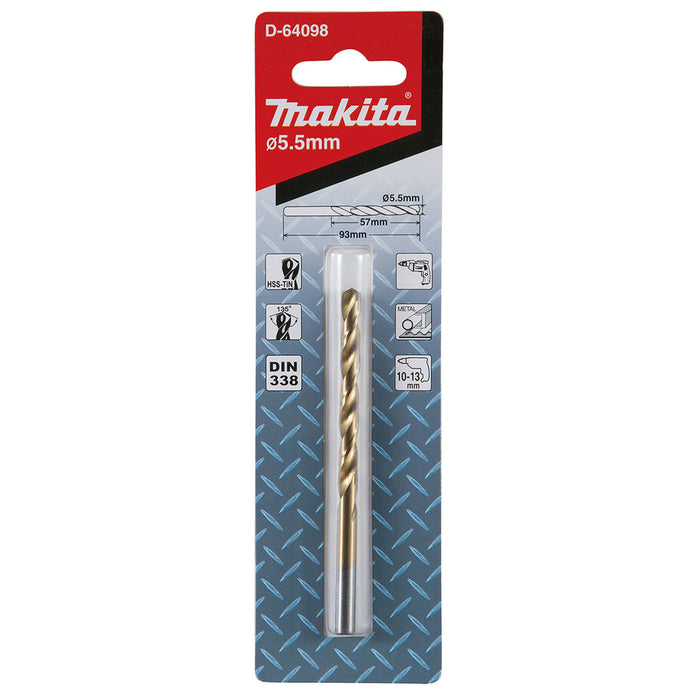 Mũi khoan kim loại HSS-Tin Makita loại kinh tế, kích thước từ 4.5mm - 13mm, đuôi trơn ( cấp 2 sao )