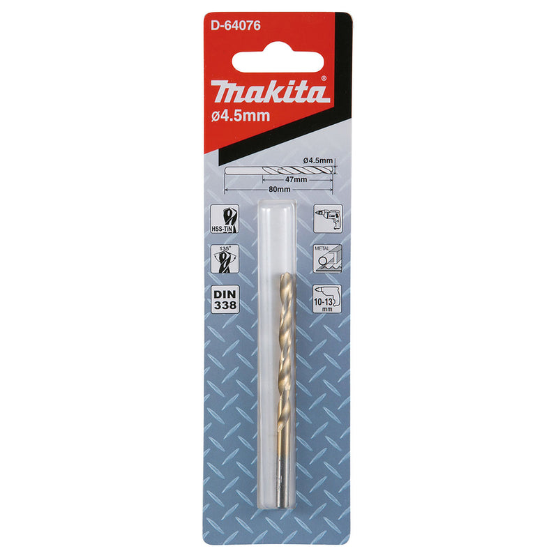 Mũi khoan kim loại HSS-Tin Makita loại kinh tế, kích thước từ 4.5mm - 13mm, đuôi trơn ( cấp 2 sao )