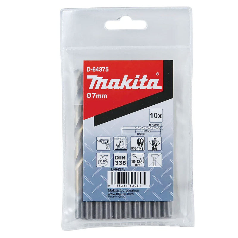 Túi 10 mũi khoan kim loại HSS-Tin Makita loại kinh tế, kích thước từ 1mm - 8mm, đuôi trơn ( Cấp 2 sao )