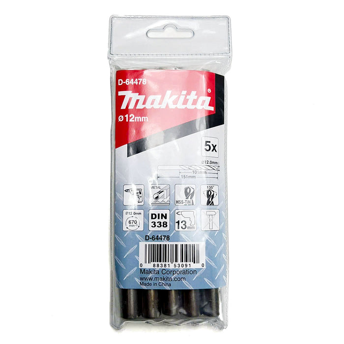 Túi 5 mũi khoan kim loại HSS-Tin Makita loại kinh tế, kích thước từ 8.5mm - 13mm, đuôi trơn