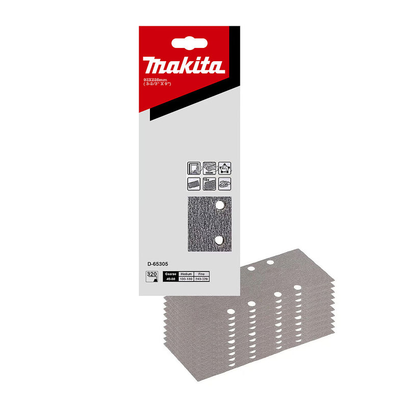 Hộp 10 giấy nhám chữ nhật đục lỗ 93x228mm Makita cho gỗ, nhựa PVC và tẩy sơn bề mặt dùng với đế kẹp tương thích với các máy BO3711, BO3710, DBO380, DBO381 ( Cấp 2 sao )