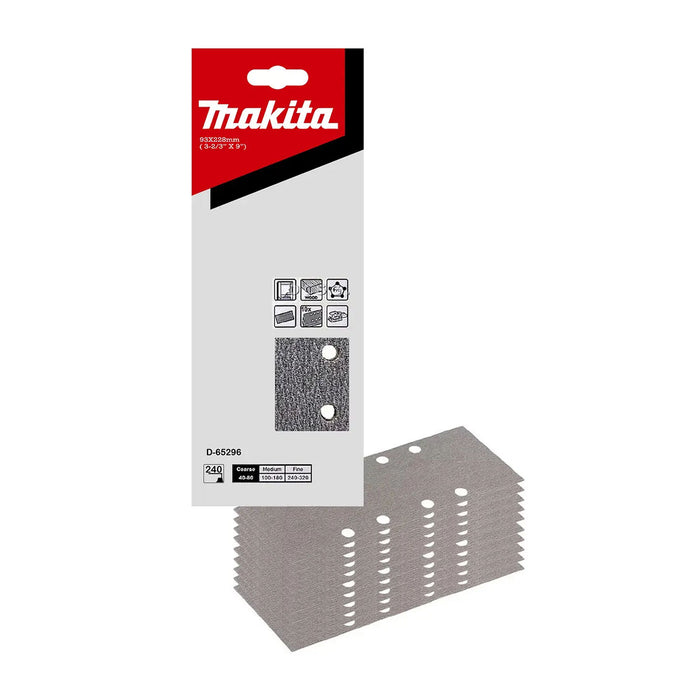 Hộp 10 giấy nhám chữ nhật đục lỗ 93x228mm Makita cho gỗ, nhựa PVC và tẩy sơn bề mặt dùng với đế kẹp tương thích với các máy BO3711, BO3710, DBO380, DBO381 ( Cấp 2 sao )