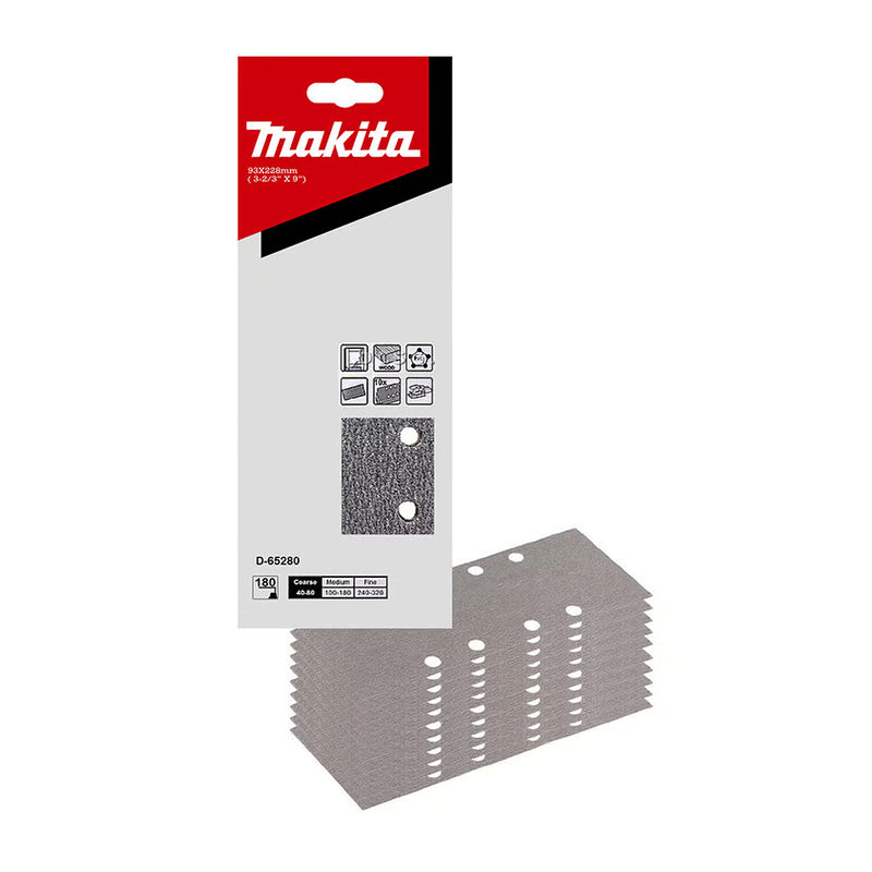 Hộp 10 giấy nhám chữ nhật đục lỗ 93x228mm Makita cho gỗ, nhựa PVC và tẩy sơn bề mặt dùng với đế kẹp tương thích với các máy BO3711, BO3710, DBO380, DBO381 ( Cấp 2 sao )