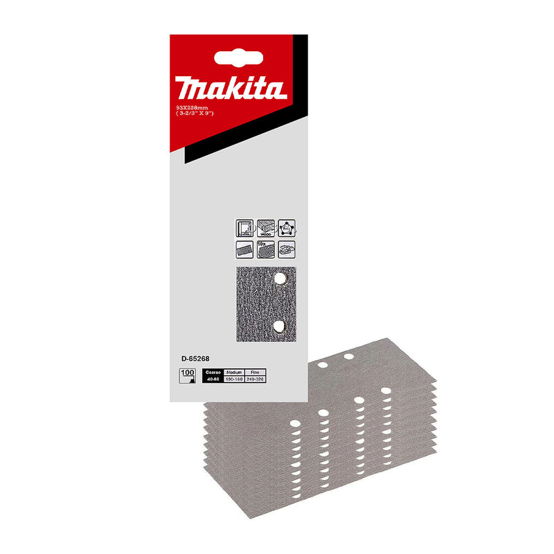 Hộp 10 giấy nhám chữ nhật đục lỗ 93x228mm Makita cho gỗ, nhựa PVC và tẩy sơn bề mặt dùng với đế kẹp tương thích với các máy BO3711, BO3710, DBO380, DBO381 ( Cấp 2 sao )