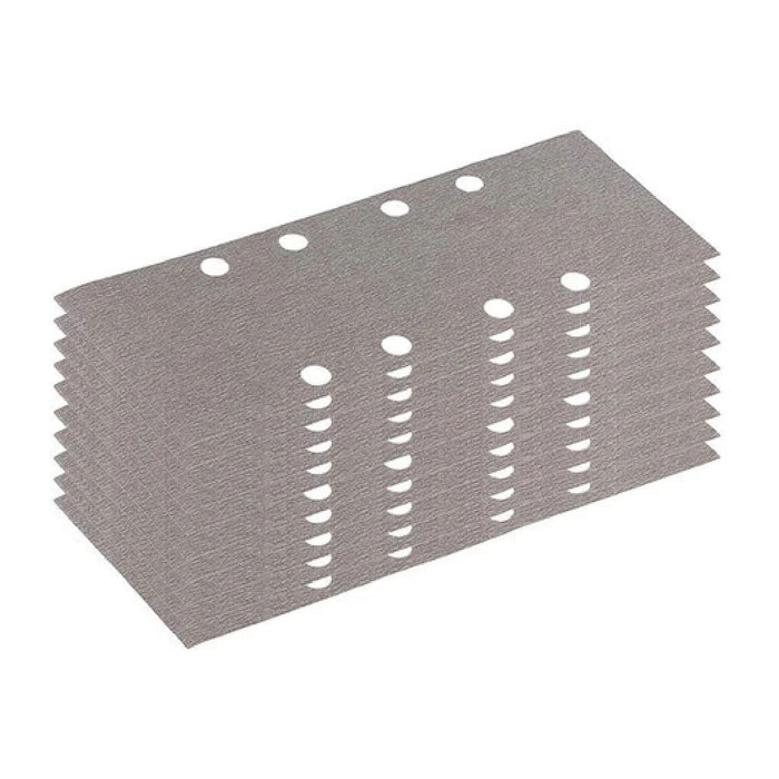 Hộp 10 giấy nhám chữ nhật đục lỗ 93x228mm Makita cho gỗ, nhựa PVC và tẩy sơn bề mặt dùng với đế kẹp tương thích với các máy BO3711, BO3710, DBO380, DBO381 ( Cấp 2 sao )