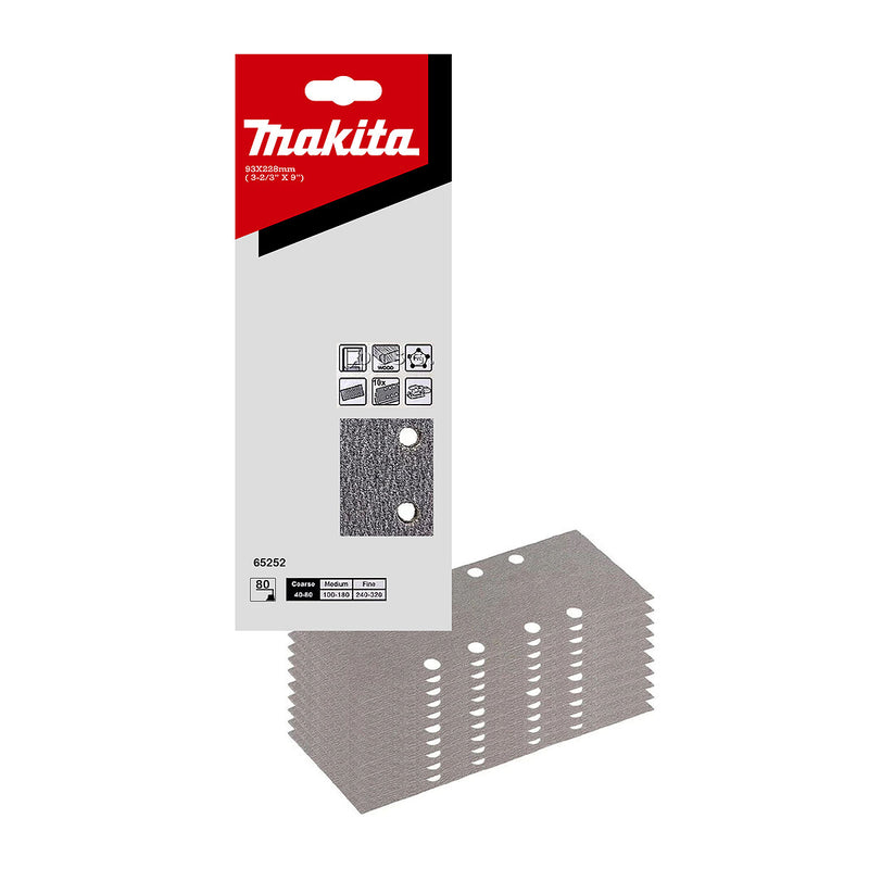 Hộp 10 giấy nhám chữ nhật đục lỗ 93x228mm Makita cho gỗ, nhựa PVC và tẩy sơn bề mặt dùng với đế kẹp tương thích với các máy BO3711, BO3710, DBO380, DBO381 ( Cấp 2 sao )