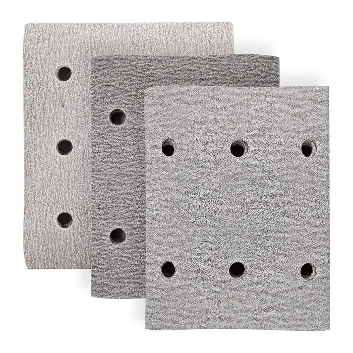 Hộp 10 giấy nhám vuông đục lỗ 114x140mm Makita cho gỗ, nhựa PVC và tẩy sơn bề mặt dùng với đế kẹp tương thích với các máy BO451OH, BO4558, BO4556, BO4555,BO4557 ( Cấp 2 sao )