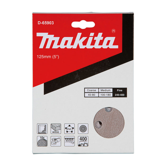 Hộp 10 giấy nhàm tròn đục lỗ 125mm ( 5 inch ) Makita cho việc tẩy sơn bề mặt dùng với đế gai ( Cấp 2 sao )