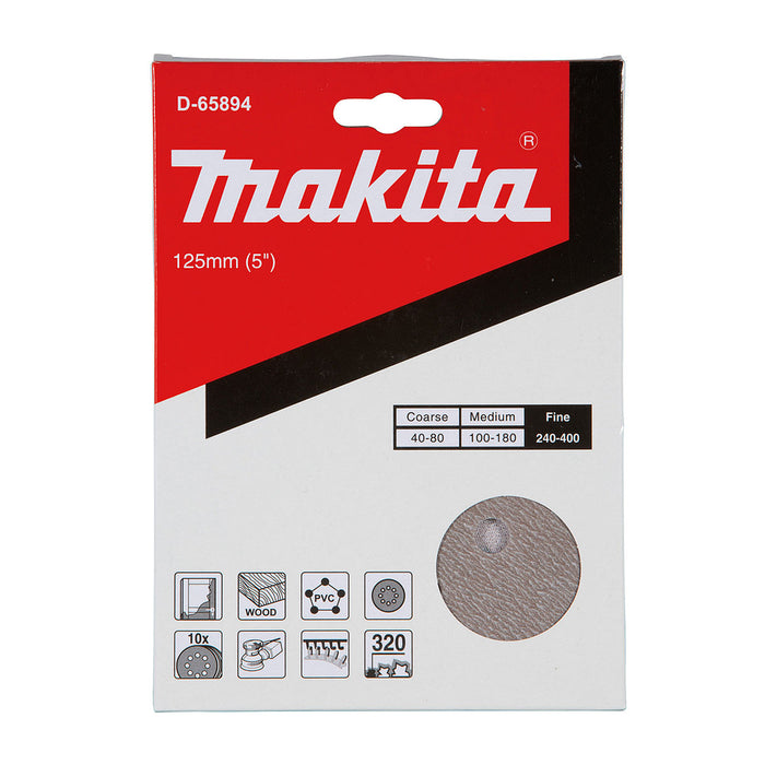 Hộp 10 giấy nhàm tròn đục lỗ 125mm ( 5 inch ) Makita cho việc tẩy sơn bề mặt dùng với đế gai ( Cấp 2 sao )