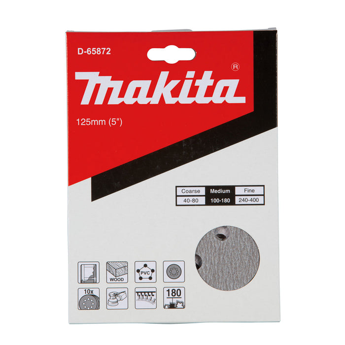 Hộp 10 giấy nhàm tròn đục lỗ 125mm ( 5 inch ) Makita cho việc tẩy sơn bề mặt dùng với đế gai ( Cấp 2 sao )