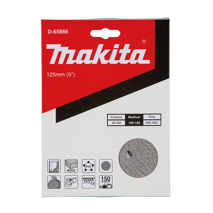 Hộp 10 giấy nhàm tròn đục lỗ 125mm ( 5 inch ) Makita cho việc tẩy sơn bề mặt dùng với đế gai ( Cấp 2 sao )