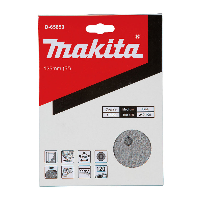 Hộp 10 giấy nhàm tròn đục lỗ 125mm ( 5 inch ) Makita cho việc tẩy sơn bề mặt dùng với đế gai ( Cấp 2 sao )