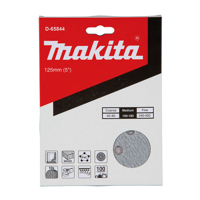 Hộp 10 giấy nhàm tròn đục lỗ 125mm ( 5 inch ) Makita cho việc tẩy sơn bề mặt dùng với đế gai ( Cấp 2 sao )