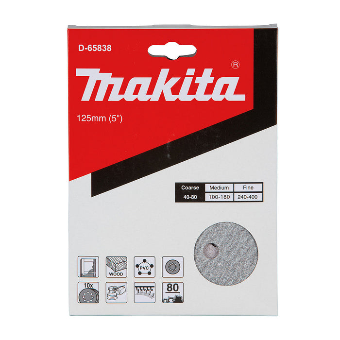 Hộp 10 giấy nhàm tròn đục lỗ 125mm ( 5 inch ) Makita cho việc tẩy sơn bề mặt dùng với đế gai ( Cấp 2 sao )
