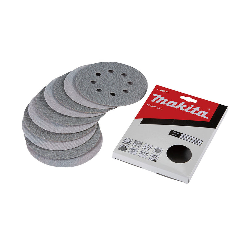 Hộp 10 giấy nhàm tròn đục lỗ 125mm ( 5 inch ) Makita cho việc tẩy sơn bề mặt dùng với đế gai ( Cấp 2 sao )