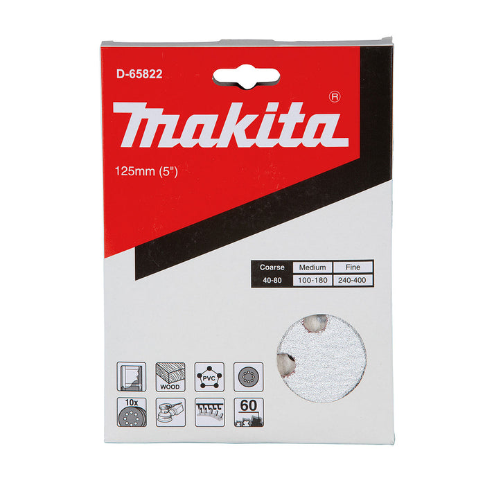 Hộp 10 giấy nhàm tròn đục lỗ 125mm ( 5 inch ) Makita cho việc tẩy sơn bề mặt dùng với đế gai ( Cấp 2 sao )
