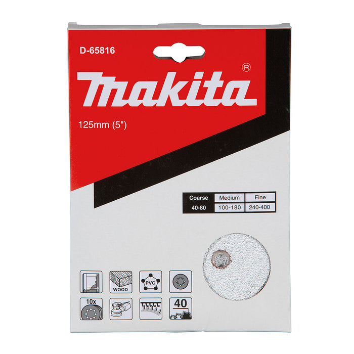Hộp 10 giấy nhàm tròn đục lỗ 125mm ( 5 inch ) Makita cho việc tẩy sơn bề mặt dùng với đế gai ( Cấp 2 sao )