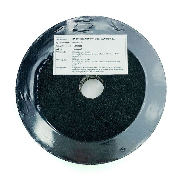 Hộp 10 lưỡi đá cắt Inox 100mm ( 4 inch ) Makita D-65947-10 dày 1mm, lỗ cốt 16mm ( 5/8 inch ) đĩa phẳng ( Cấp 2 sao )