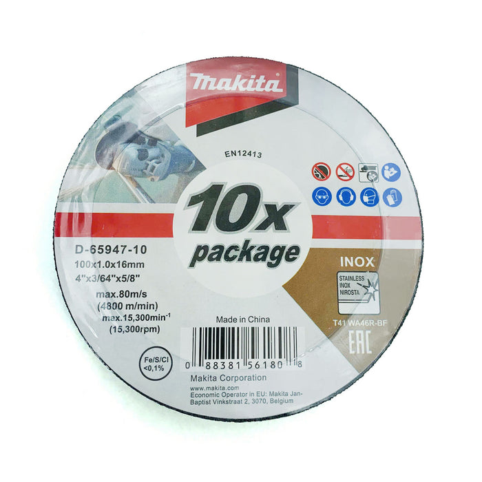 Hộp 10 lưỡi đá cắt Inox 100mm ( 4 inch ) Makita D-65947-10 dày 1mm, lỗ cốt 16mm ( 5/8 inch ) đĩa phẳng ( Cấp 2 sao )