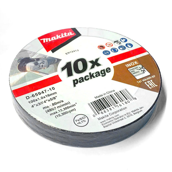 Hộp 10 lưỡi đá cắt Inox 100mm ( 4 inch ) Makita D-65947-10 dày 1mm, lỗ cốt 16mm ( 5/8 inch ) đĩa phẳng ( Cấp 2 sao )