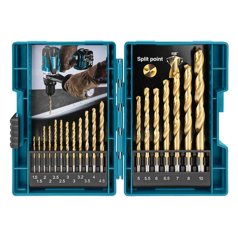 Bộ mũi khoan kim loại HSS-TiN 19 chi tiết Makita D-67527 kích thước từ 1.5mm - 10mm, đuôi trơn