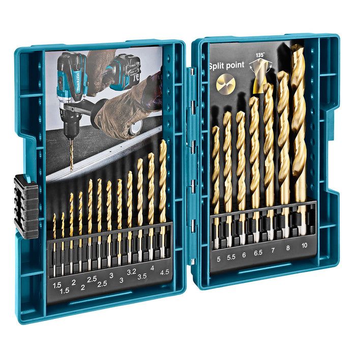 Bộ mũi khoan kim loại HSS-TiN 19 chi tiết Makita D-67527 kích thước từ 1.5mm - 10mm, đuôi trơn