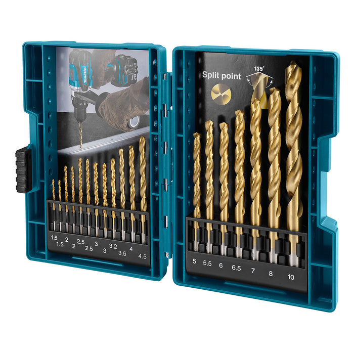 Bộ mũi khoan kim loại HSS-TiN 19 chi tiết Makita D-67527 kích thước từ 1.5mm - 10mm, đuôi trơn