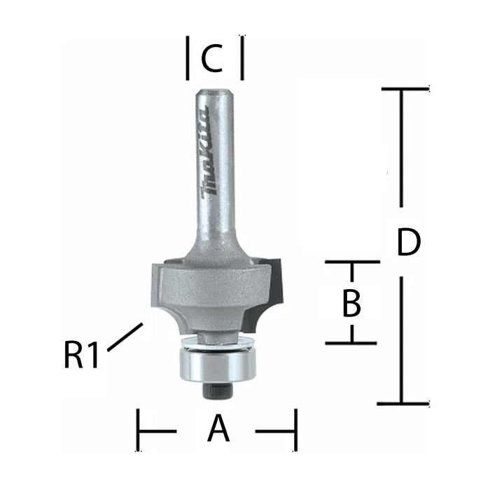 Mũi phay chỉ gỗ bo tròn có ổ bi hệ inch Makita cốt 1/4 inch, đường kính hiệu dụng từ 3/4 inch - 1-1/2 inch ( Cấp 2 sao )