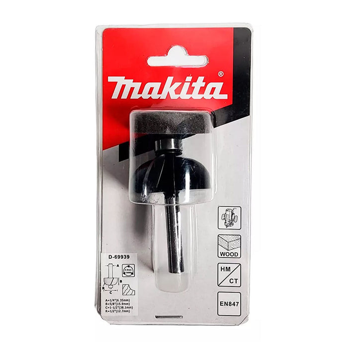 Mũi phay chỉ gỗ bo cạnh lõm có ổ bi hệ inch Makita cốt 1/4 inch, đường kính hiệu dụng từ 5/8 inch - 1-1/2 inch ( Cấp 2 sao )