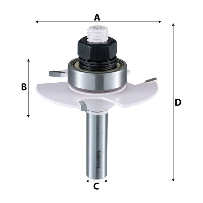 Mũi phay rãnh 3 cạnh lưỡi có ổ bi hệ inch Makita cốt 1/4 inch, đường kính hiệu dụng 1-7/8 inch, chiều dài mũi từ 5/64 inch - 7/32 inch ( Cấp 2 sao )