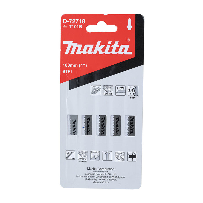 Hộp 5 lưỡi cưa lọng HCS dòng sản phẩm kinh tế Makita D-72718 dùng cho gỗ, số răng 9 TPI chiều dài 100mm, đuôi gài kiểu B ( Cấp 2 sao )
