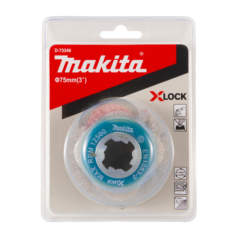 Chổi cước kim loại hình chén sợi thẳng Makita đường kính 75mm, công nghệ X-LOCK dùng cho các máy mài góc 100mm, 125mm ( Cấp 3 sao )