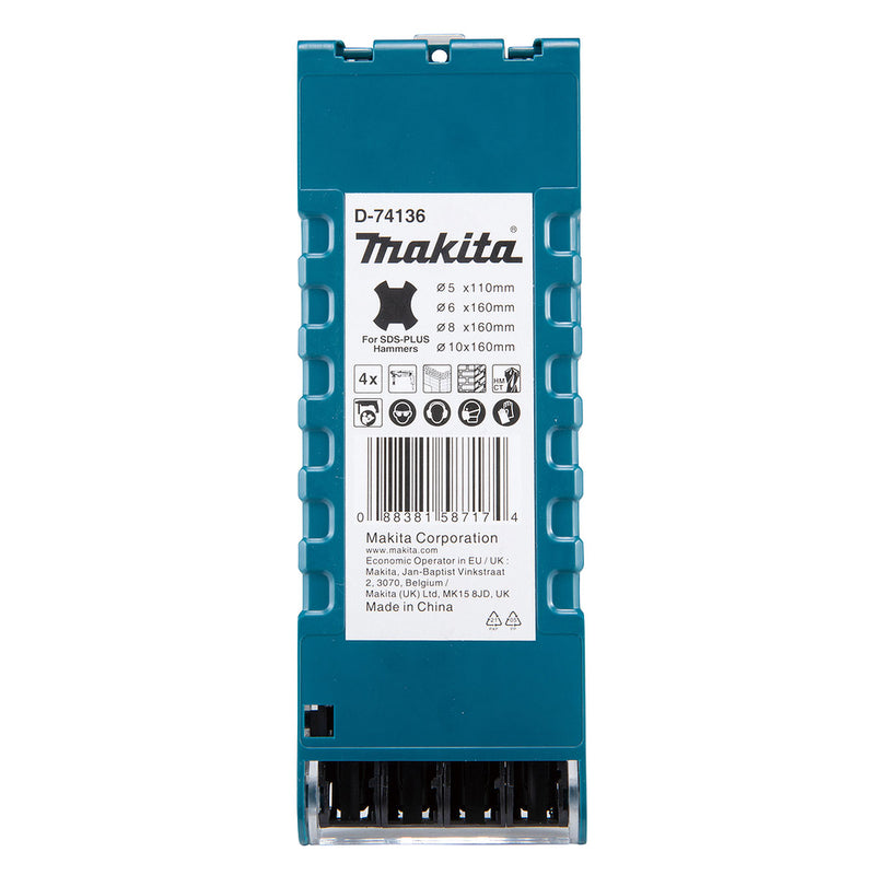 Bộ mũi khoan bê tông TCT 4 chi tiết Makita D-74136 kích thước từ 5mm - 10mm, đuôi gài SDS-Plus
