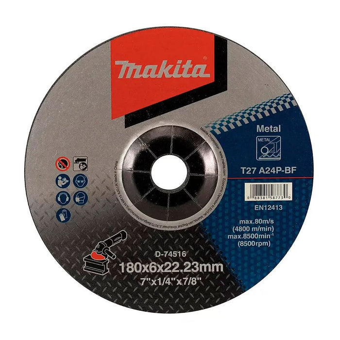 Đá mài kim loại 180mm ( 7 inch ) Makita D-74516 dày 6mm, lỗ cốt 23.23mm ( 7/8 inch ) tâm trũng ( Cấp 1 sao )