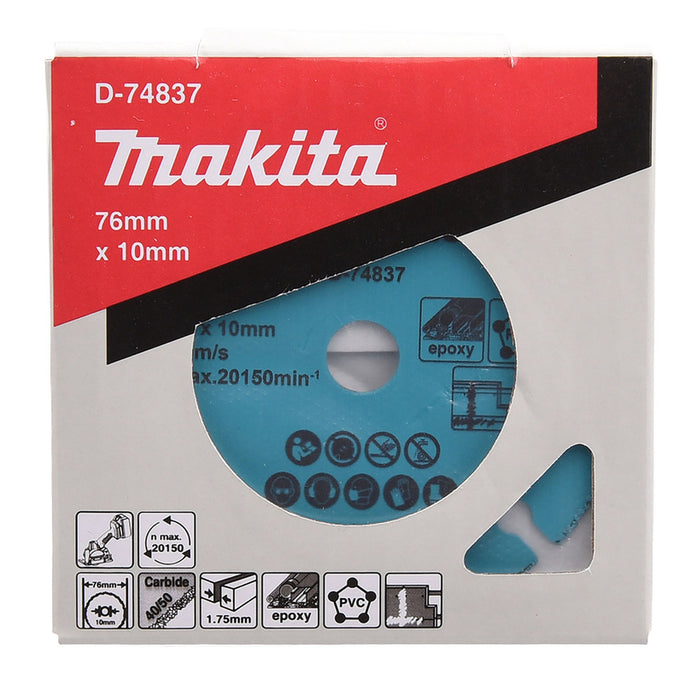Lưỡi cắt chuyên dụng cho tấm thạch cao, PVC, Epoxy Makita D-74837 đường kính 76mm, 8 răng kiểu TC hạt 40/50, lỗ cốt 10mm dùng cho máy cắt mini DMC300 ( Cấp chuyên dụng )