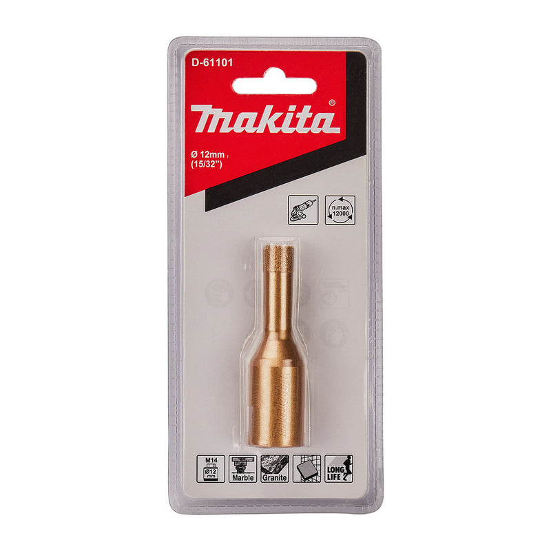 Mũi khoét lỗ kim cương cao cấp Makita dùng cho đám cẩm thạch, đá Granit, ngói sứ đường kính từ 5mm-50mm, ren trục M10 & M14 phù hợp cho các máy mài góc ( Cấp chuyên dụng )