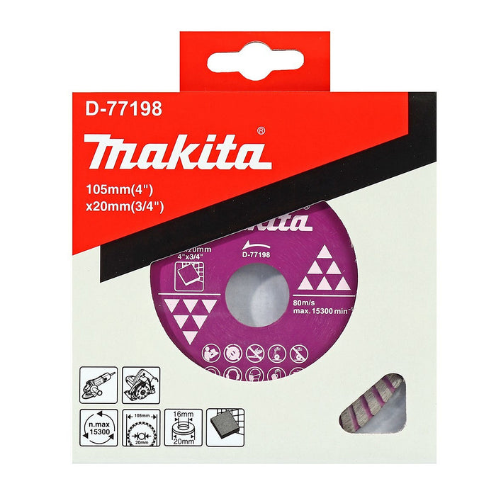 Lưỡi cắt kim cương 105mm kiểu răng gợn sóng Makita D-77198 dùng cho gạch men, gạch sứ lỗ cốt 20mm, cắt khô & nước ( Cấp 2 sao )
